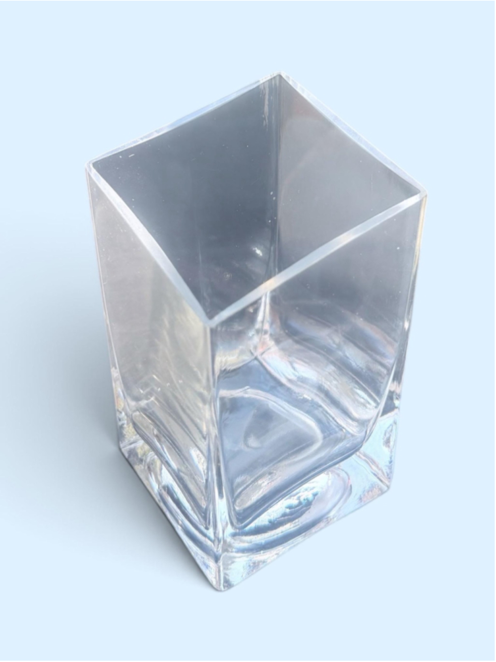 Heavy Clear Art Glass Vase Geometric Square Form with Slanted Rim